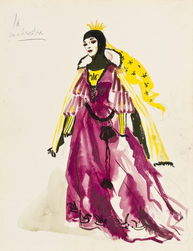 Carlos Marichal,  “Boceto para vestuario Blanca Nieves– Madrastra”, 1956; tinta china, acuarela y lápiz sobre papel 10 ½” x 8”