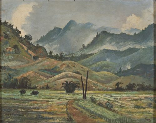 Juan Antonio Rosado, Luquillo visto desde Fajardo, 1952; óleo sobre masonite