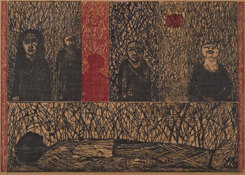Luis Alonso, “El Velorio” 9/15, 1976; xilografía a color, 34” x 48 ½”