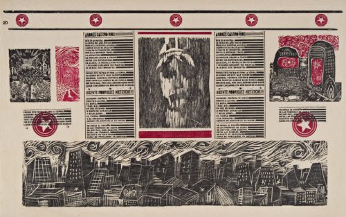 Jesús Cardona, “Reportaje”, 1979; xilografía a color, 25 ¼ “x 39”
