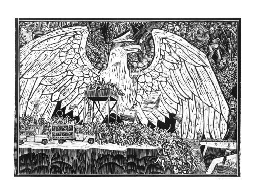 Carlos Raquel Rivera, “Elecciones Coloniales”, 1959; linóleo, 12 ¼” x 23 ¾”