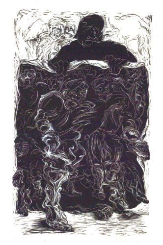 Haydee Landing, “Transformación”, 1982; linóleo sobre tela pellón, 41 ½” x 27 ½”