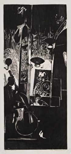 Rafael Tufiño, “La botella jazz”,  xilografía, 30 3/4” x 13 ½”